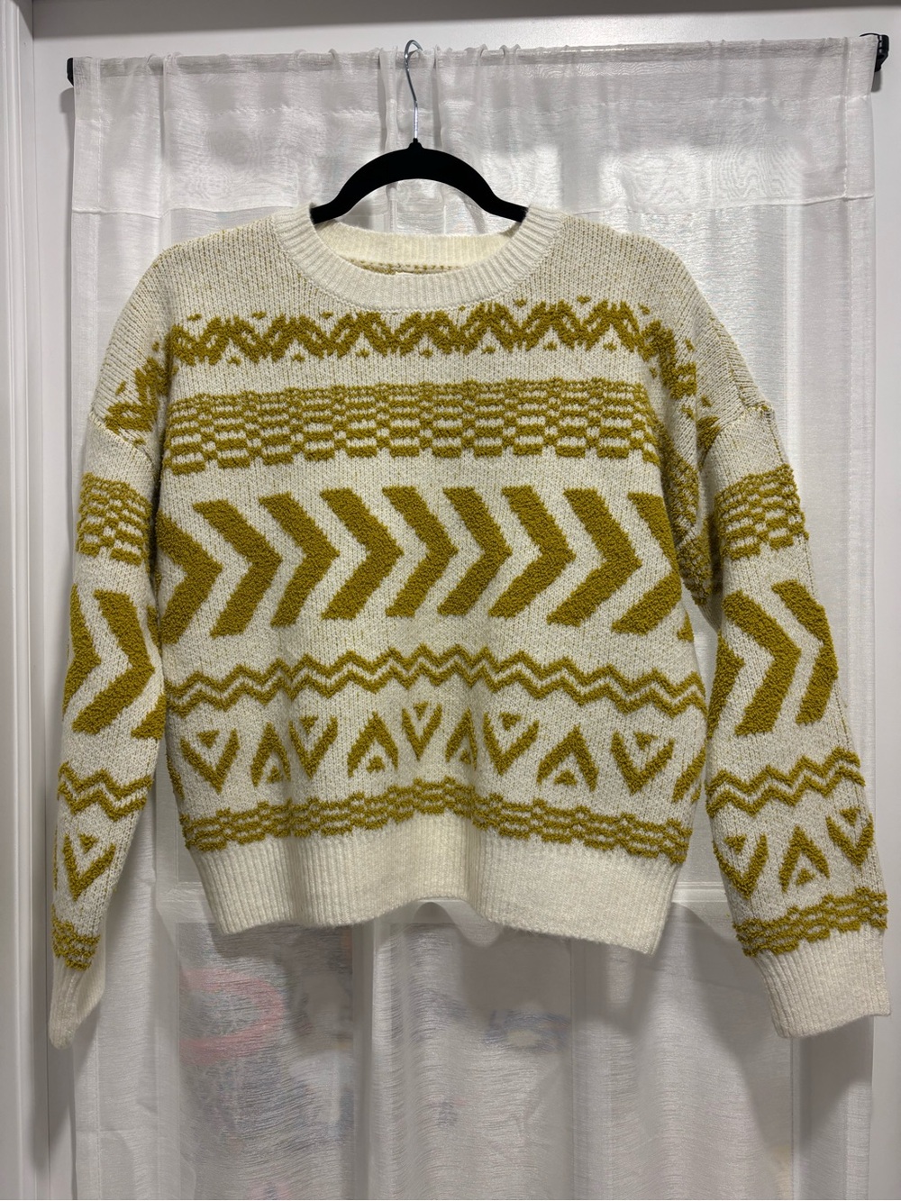 NWT NYC Knits Ivory & Mustard Gold Textured Pattern Crewneck Sweater Large